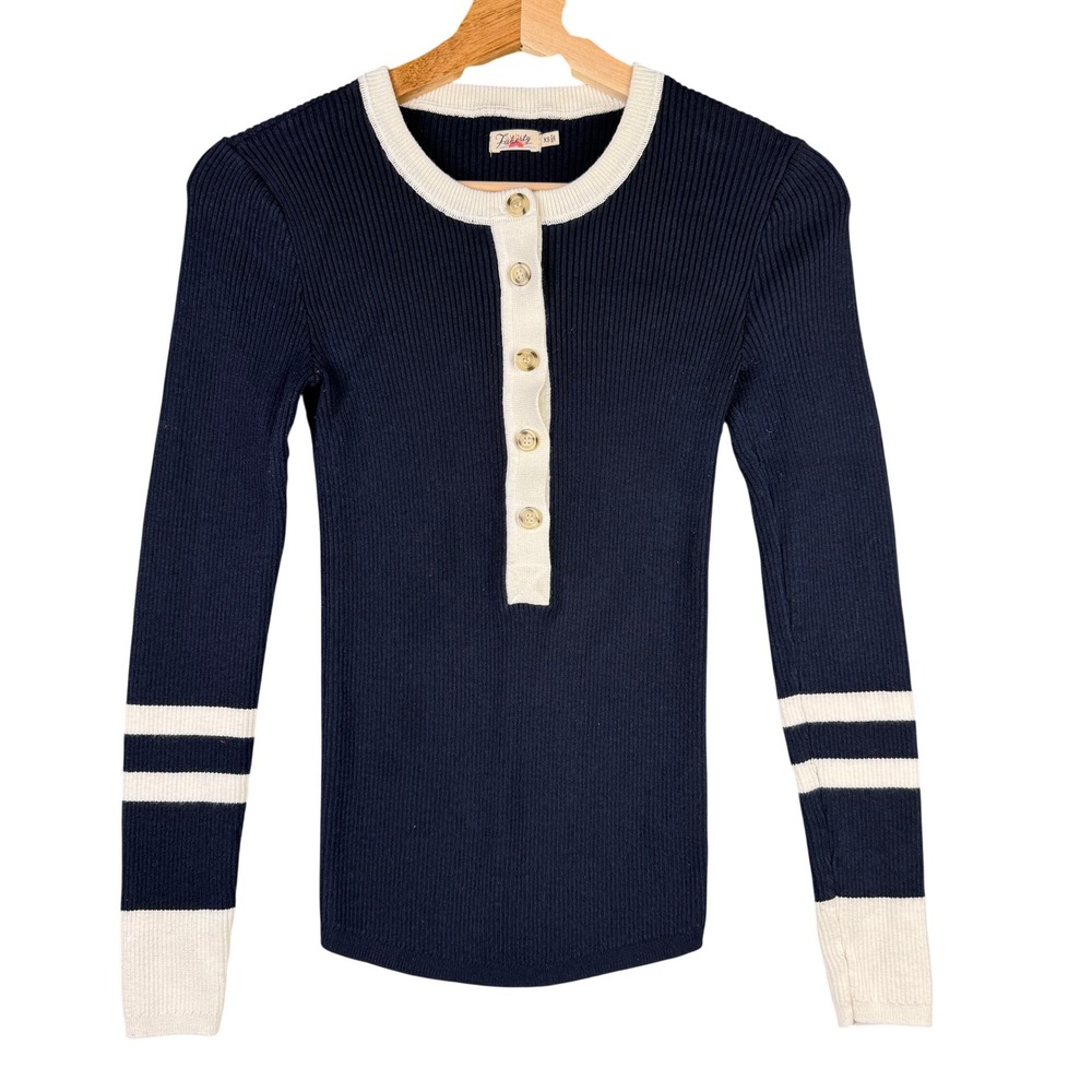 Faherty Mikki Henley Navy Blue Organic Cotton Cashmere Ribbed Sweater XS